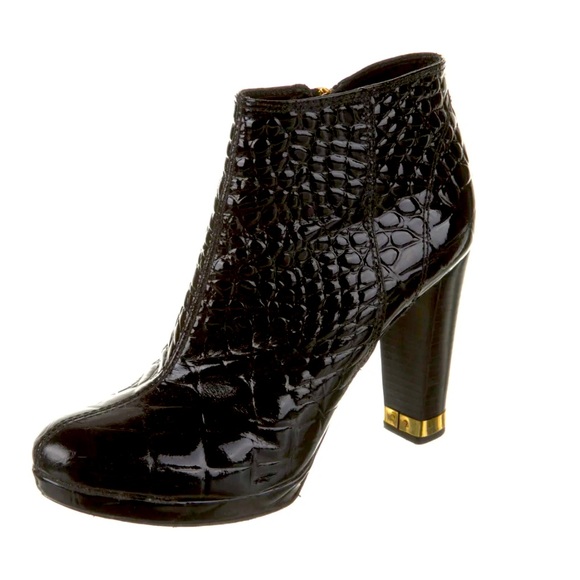 Tory Burch Leigh Black Patent Leather Croc Quilted Bootie Gold Hardware 7.5 - Picture 2 of 15